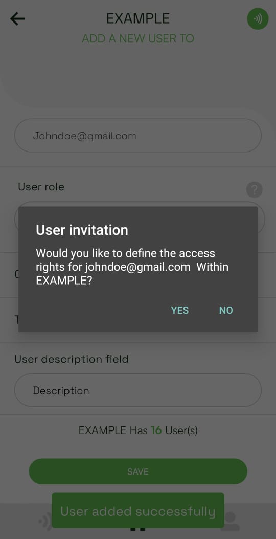 Installer invitation prompt asking whether to define access rights